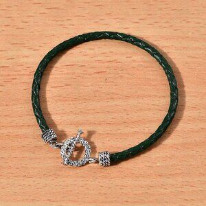 Green Leather Cord Bracelet in Black Oxidized Sterling Silver (7.25 In)